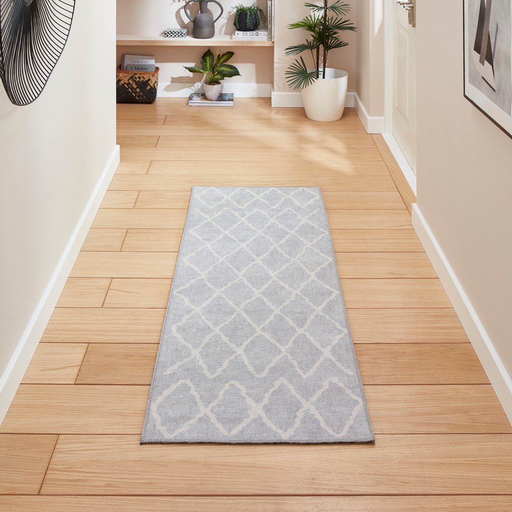 Coral H1060 Modern Washable Geometric Runner Rugs in Light Grey